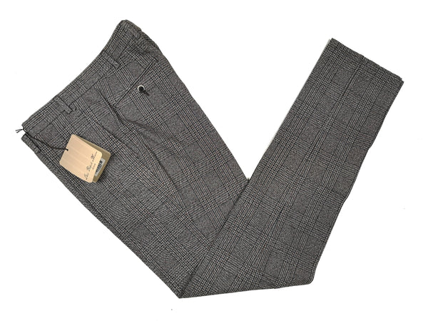 Luigi Bianchi Trousers 35/36, Grey plaid Flat front Slim fit Cotton