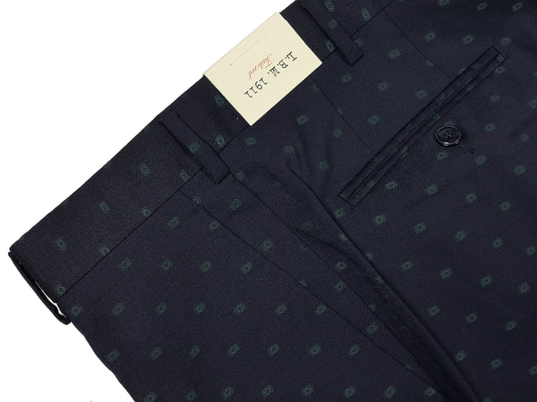 LBM 1911 Trousers 34, Navy with green pattern Flat front Tailored fit Wool