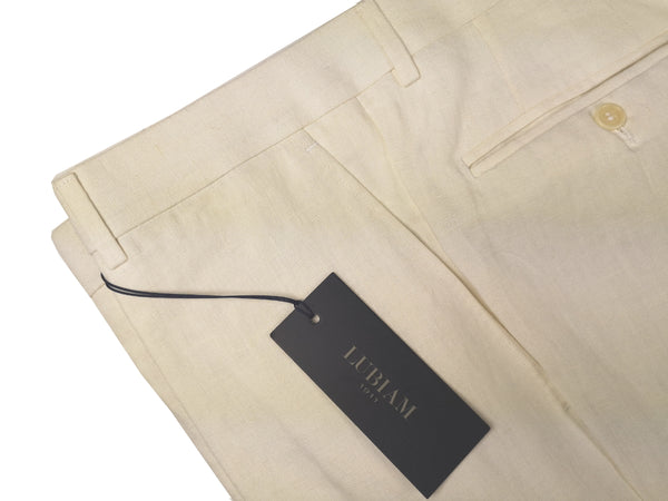 Luigi Bianchi Lubiam Trousers 34, Cream Flat front Relaxed fit Linen Irregular