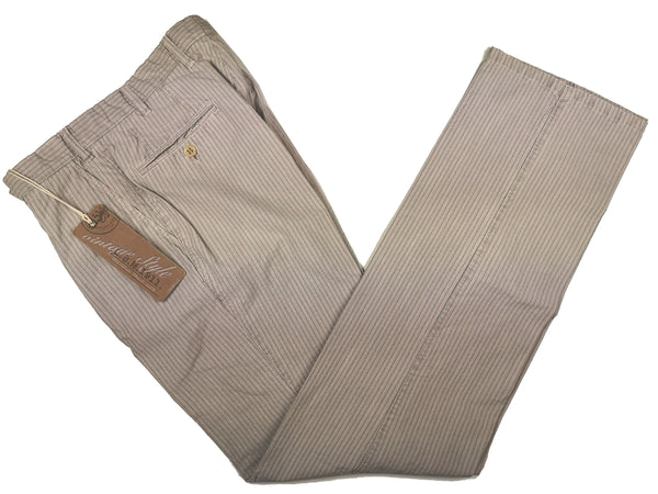 LBM 1911 Trousers 32, Beige rust/grey striped seersucker Pleated front Straight fit Cotton blend