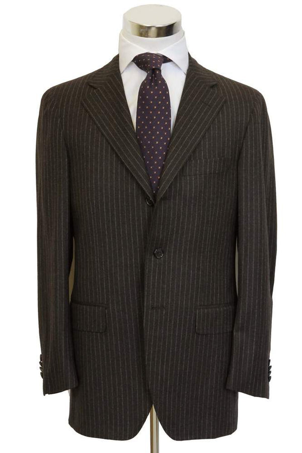 Caruso/MaCo Suit: 43R/44R, Charcoal brown with beige stripes, 3-button, 120's wool flannel