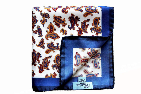 Battisti Pocket Square White with blue/yellow paisleys pure silk