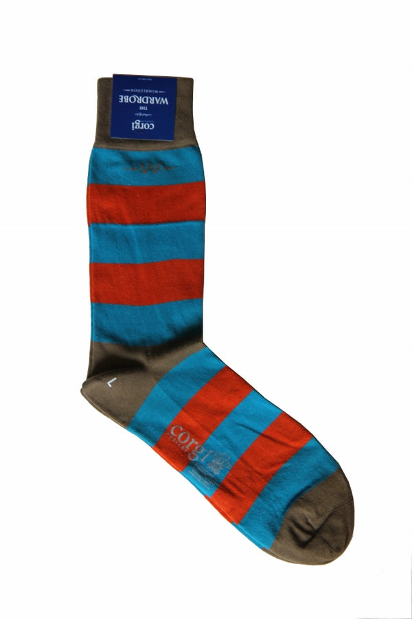 The Wardrobe Corgi Socks Blue/Copper stripe cotton blend L