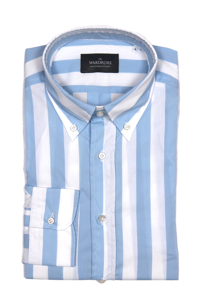The Wardrobe Shirt Sky/White Awning Stripe button down collar Pure cotton - Cordone 1956