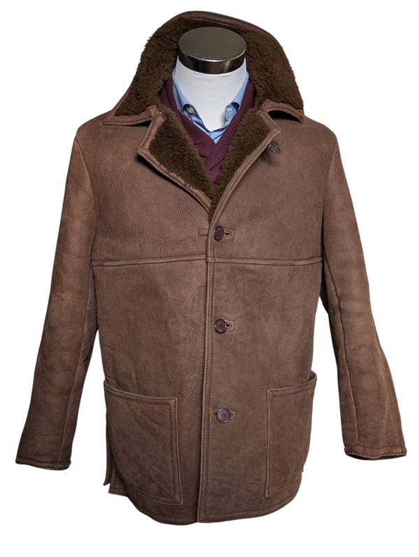 Vintage Antartex Scotland Leather Lamb Shearling Coat XL/44 Brown 4-Button