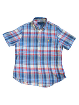 Polo Ralph Lauren Shirt M SS Blue Multi-colored Plaid Linen