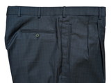 Luigi Bianchi Lubiam Trousers 36 Navy Blue Graph Check Pleated Full Fit Wool
