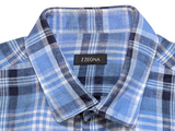 Zegna Shirt L Blue Plaid Cotton Linen-like Blend