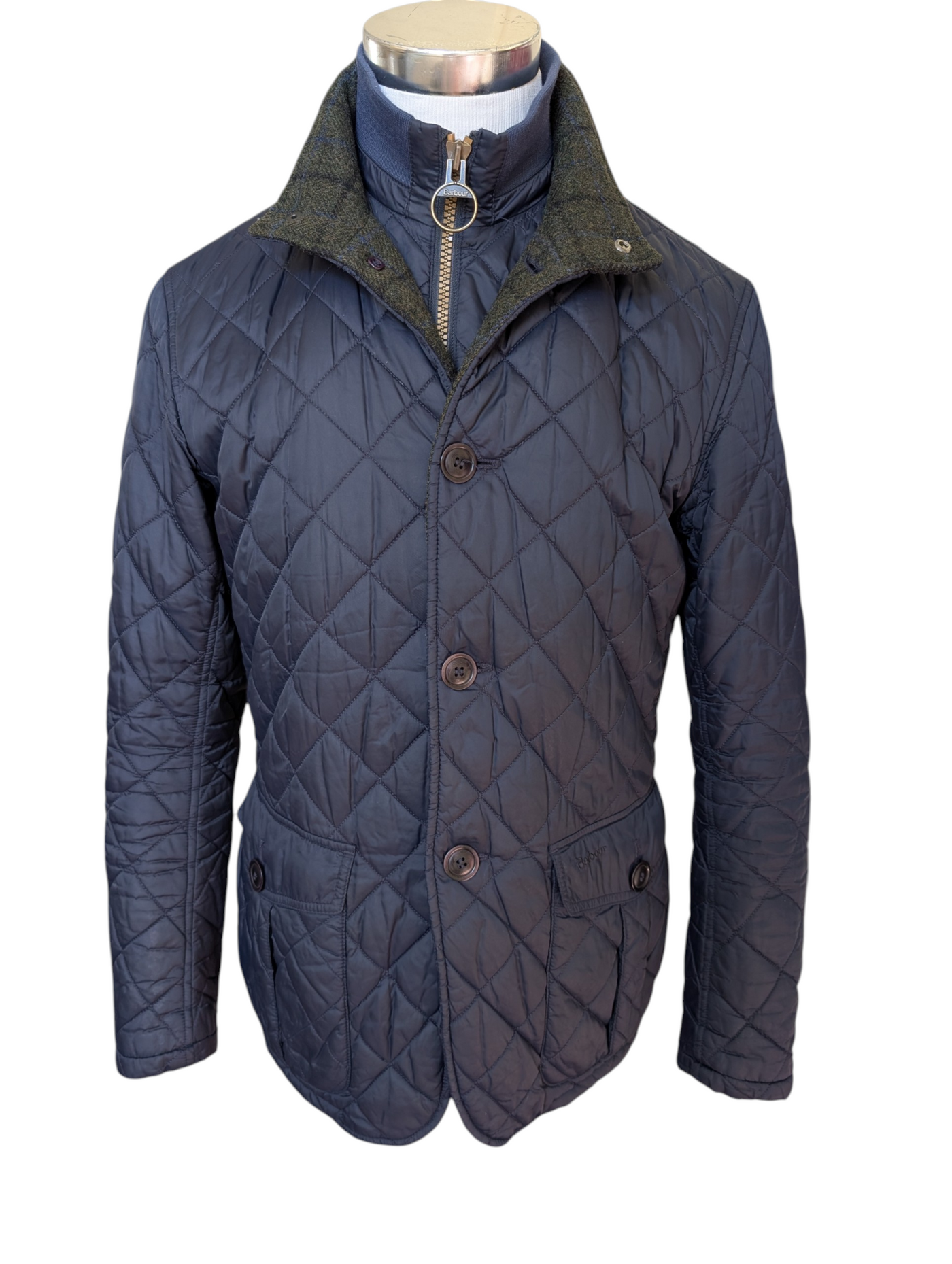 Barbour x Abraham Moon Jacket M Navy Blue Prior Quilt Tweed Trim