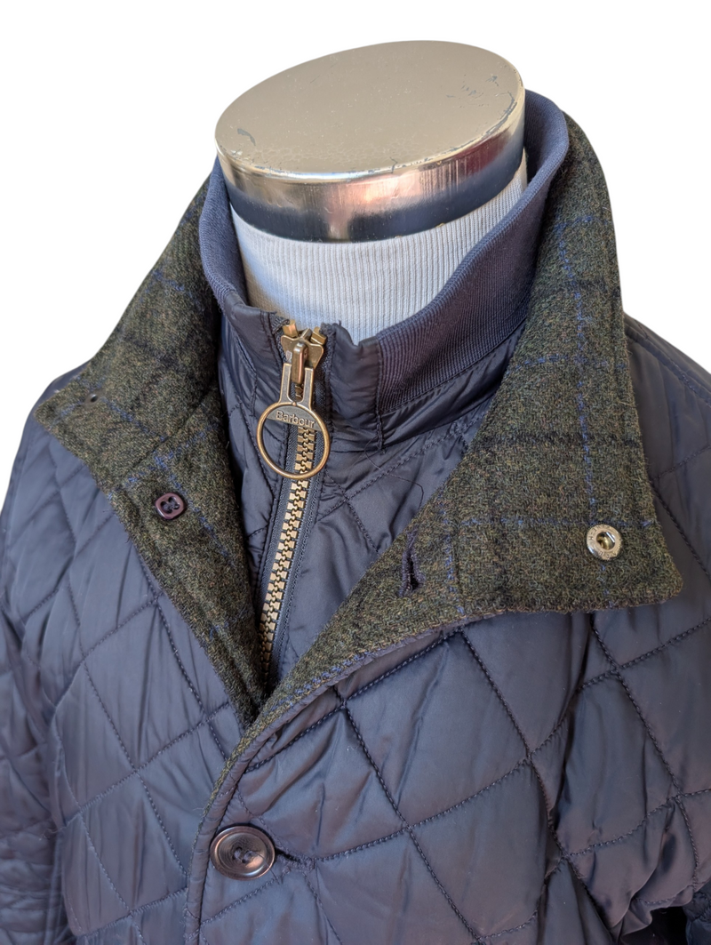 Barbour x Abraham Moon Jacket M Navy Blue Prior Quilt Tweed Trim