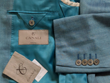 Canali Sport Coat 40R Teal Blue Herringbone Wool/Silk/Linen
