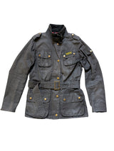 Barbour Ladies International Belted Waxed Jacket M/6 US Union Jack Black Cotton
