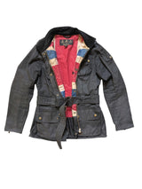 Barbour Ladies International Belted Waxed Jacket M/6 US Union Jack Black Cotton
