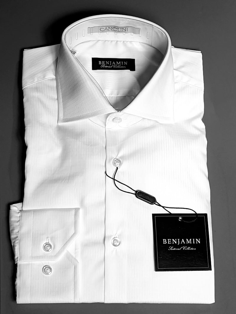 Benjamin Dress Shirt: Solid white jacquard, medium spread collar, pure cotton