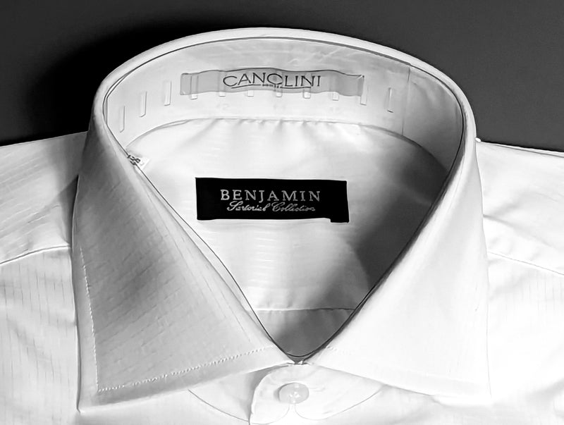 Benjamin Dress Shirt: Solid white jacquard, medium spread collar, pure cotton