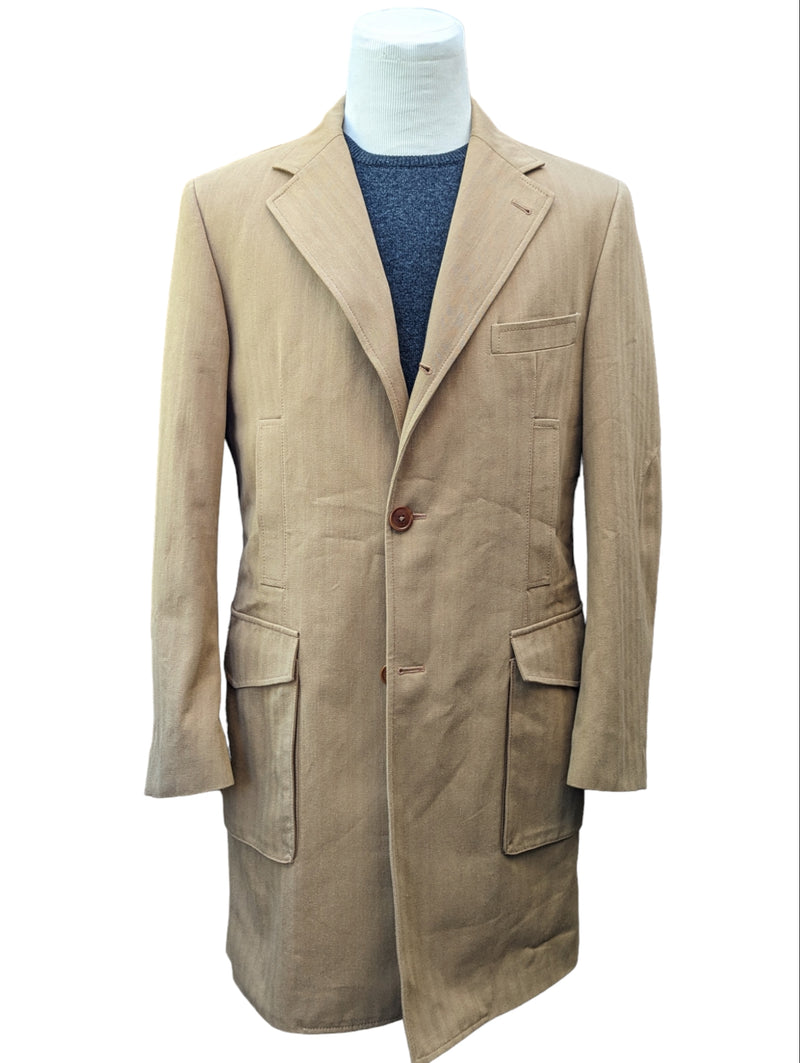 Fay Coat L Tan Herringbone 3-Button Heavy Cotton