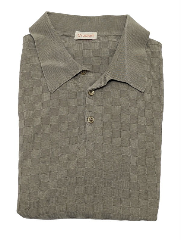 Cruciani Polo Knit Shirt M Checkered Taupe Silk/Cotton