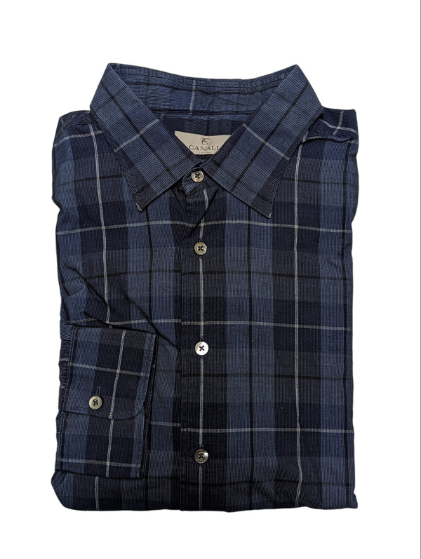 Canali Sport Shirt XXXL Blue Plaid Needle Cord Cotton