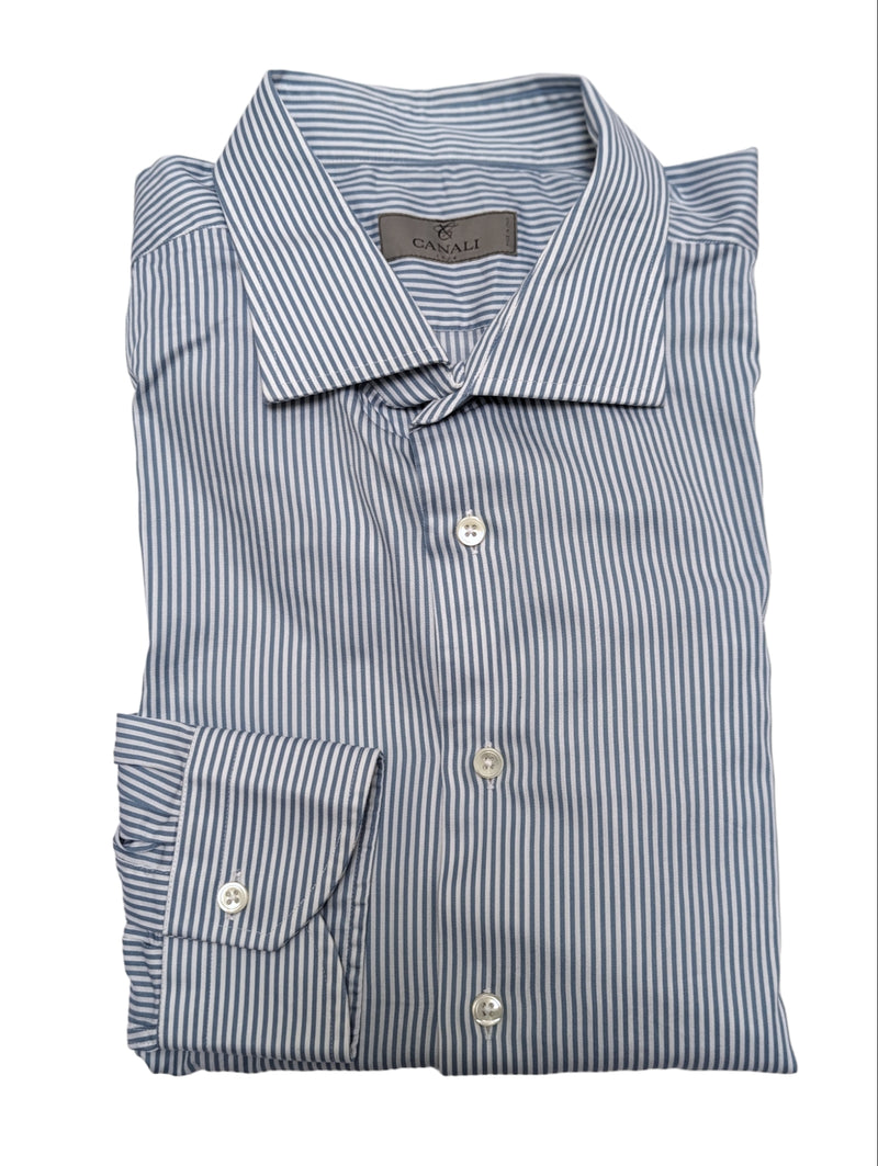 Canali Dress Shirt 17.75 XXXL Blue Striped Cotton