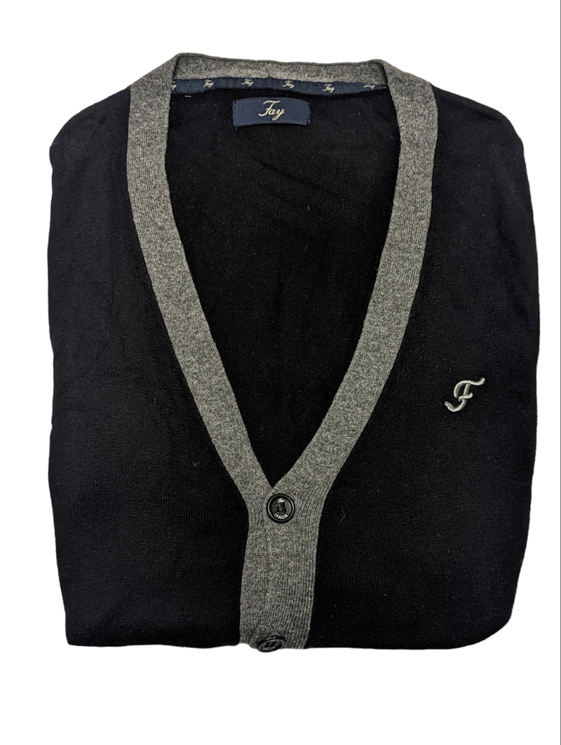 Fay Sweater S/M Black Grey Trimmed Cashmere Cardigan