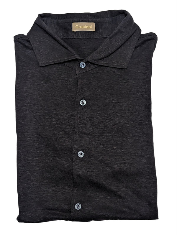 Cruciani Polo Knit Buttoned Shirt 52/L Navy Blue Linen
