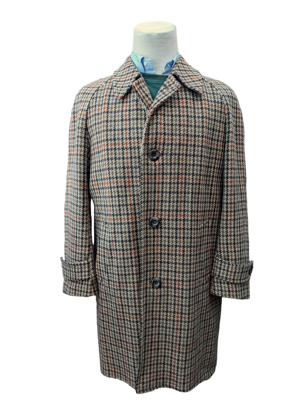 Vintage Tweed Balmacaan Coat 42R Tan Bold Check 3-button pure wool