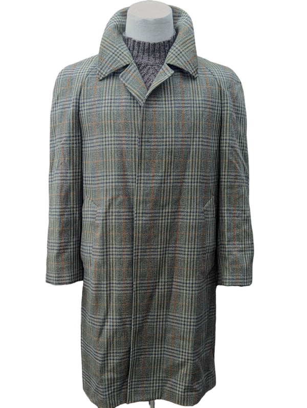 Vintage Dunn & Co. Tweed Balmacaan Trench Coat 40/42 Earthy Sage Plaid 3-button pure wool