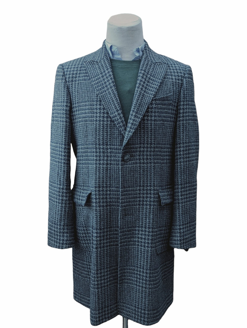M&S Moon Tweed Coat M Peak Lapel Half belt Grey/Navy Plaid 2-button pure wool