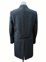 M&S Moon Tweed Coat M Peak Lapel Half belt Grey/Navy Plaid 2-button pure wool