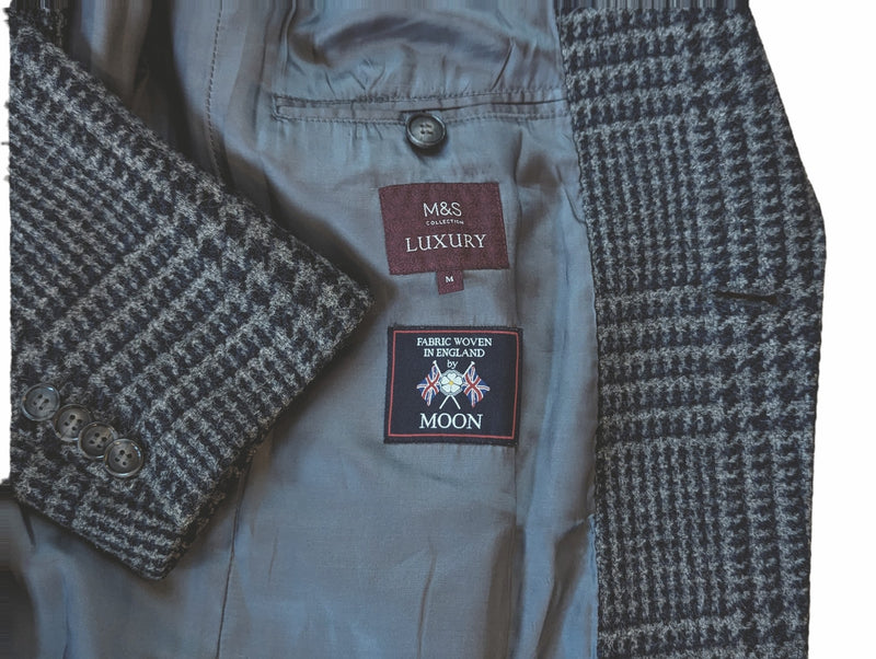 Abraham Moon Coat M Peak Lapel Half belt Grey/Navy Plaid 2-button pure wool