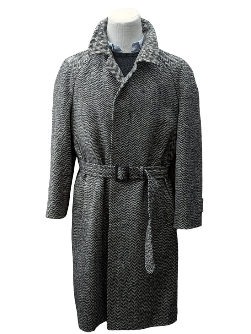 Vintage Austin Reed Tweed Belted Balmacaan Coat 40/42R Earthy Grey Herringbone 3-button pure wool