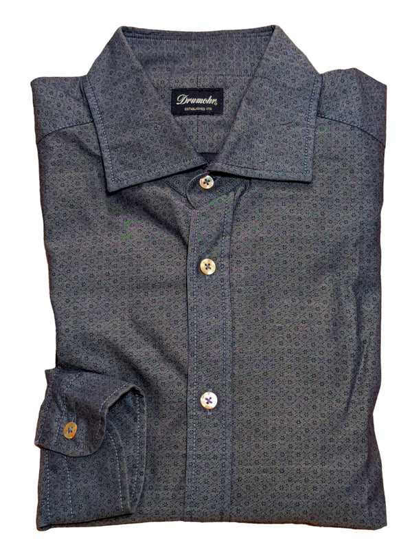 Drumohr Shirt: 15.75 Dark Grey-Blue Vintage Print Pure Cotton
