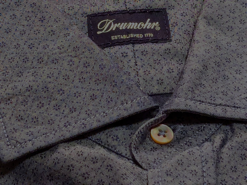 Drumohr Shirt: 15.75 Dark Grey-Blue Vintage Print Pure Cotton