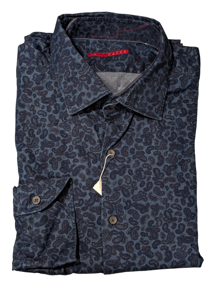 LBM 1911 Xacus Shirt 15.75, Navy blue paisleys Spread collar Cotton