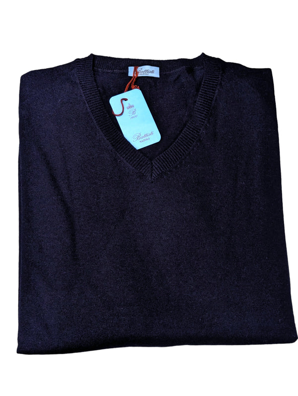 Battisti Sweater: Navy blue, V-neck, cashmere silk blend