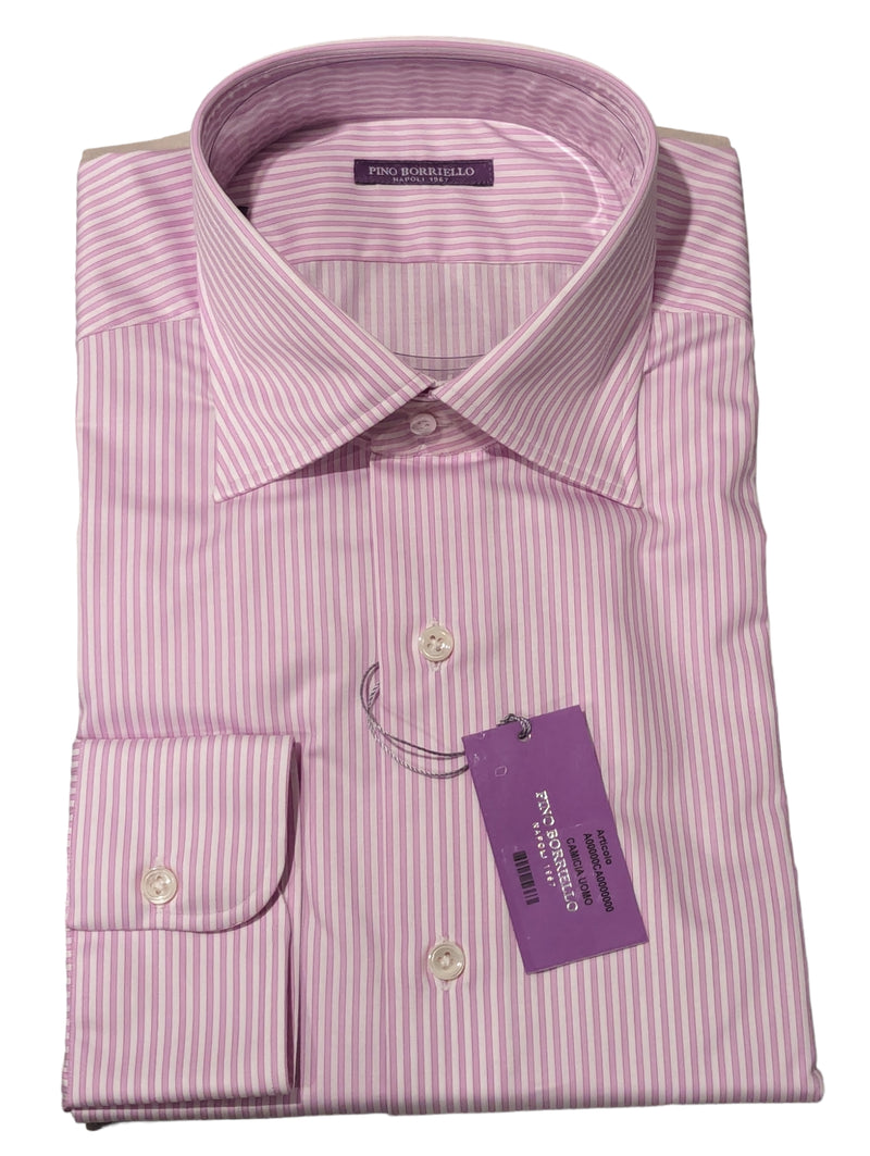 Pino Borriello Shirt: 17 White/Pink stripes, straight collar, pure cotton