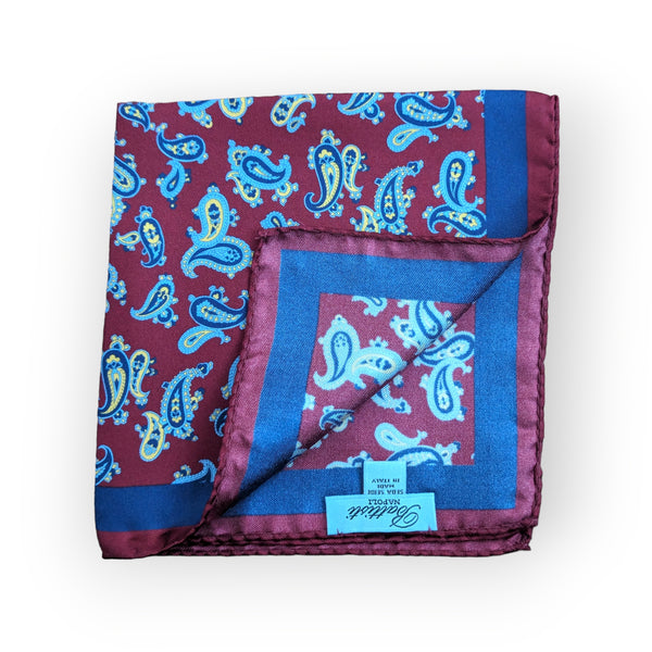 Battisti Pocket Square: Red with blue/yellow paisley, pure silk