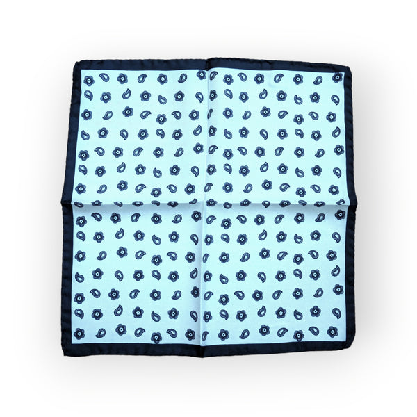 Battisti Pocket Square: White with navy paisley, pure silk