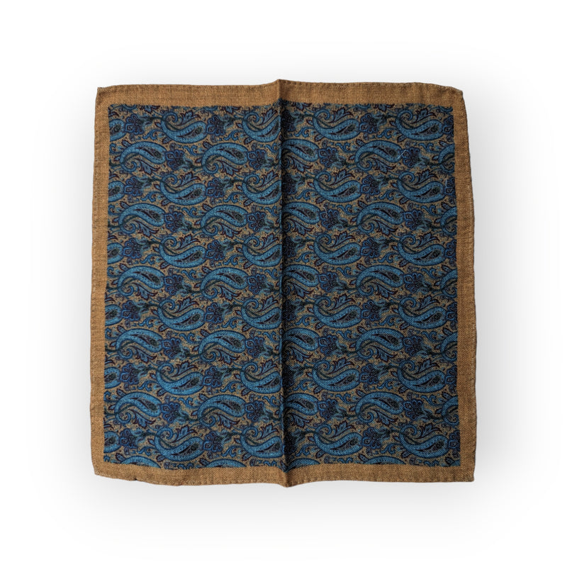 Battisti Pocket Square Soft copper blue paisleys, pure wool
