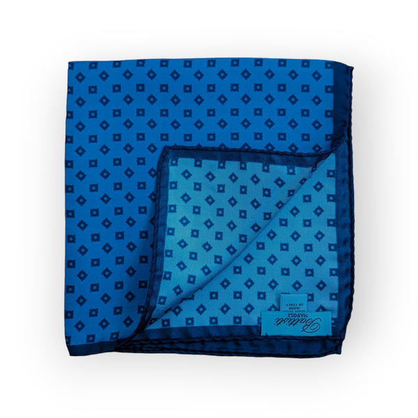 Battisti Pocket Square: Medium blue with small navy squares, pure silk