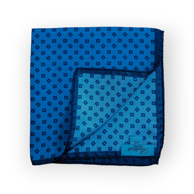 Battisti Pocket Square: Medium blue with small navy squares, pure silk