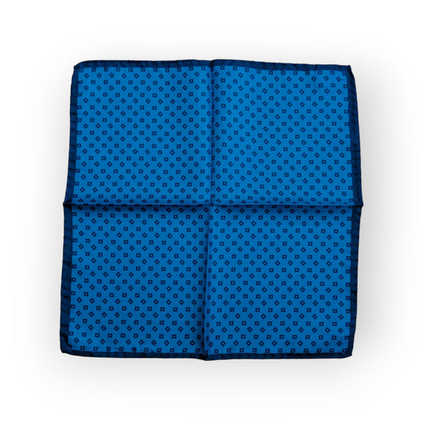 Battisti Pocket Square: Medium blue with small navy squares, pure silk