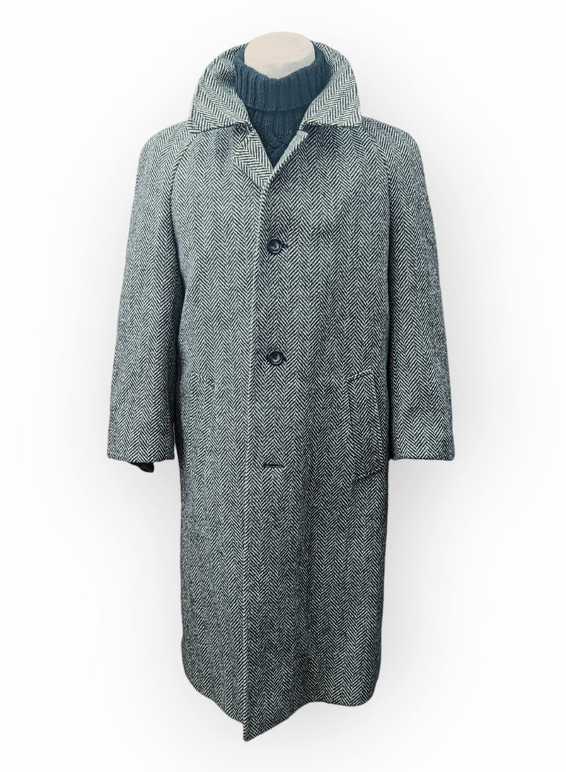 Vintage Canda Heavy Tweed Balmacaan Coat 40/42 Grey Herringbone 3-button Pure Wool