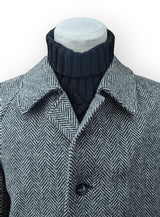 Vintage Canda Heavy Tweed Balmacaan Coat 40/42 Grey Herringbone 3-button Pure Wool