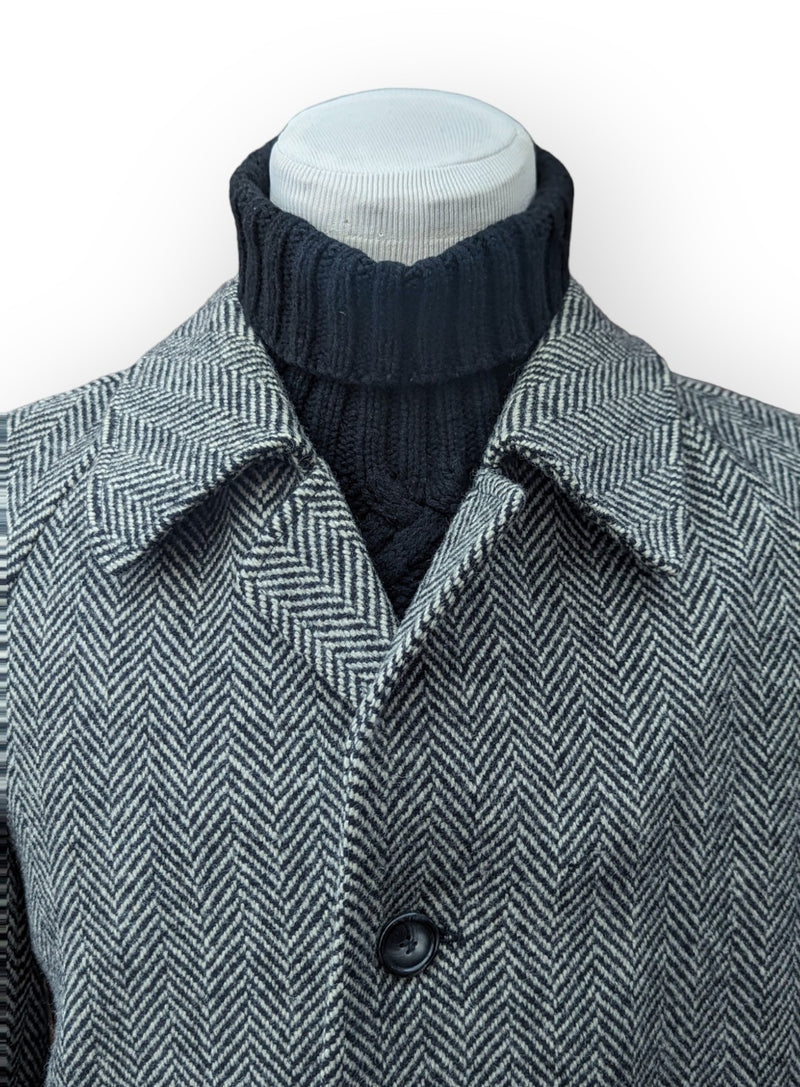 Vintage Canda Heavy Tweed Balmacaan Coat 40/42 Grey Herringbone 3-button Pure Wool