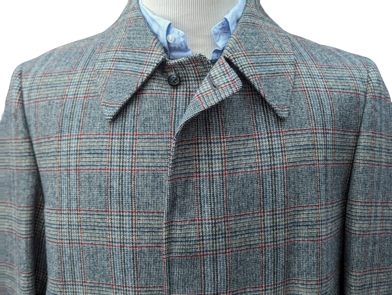 Vintage Dunn & Co. Balmacaan Coat L/42 Grey with Burgundy Plaid 3-button pure wool