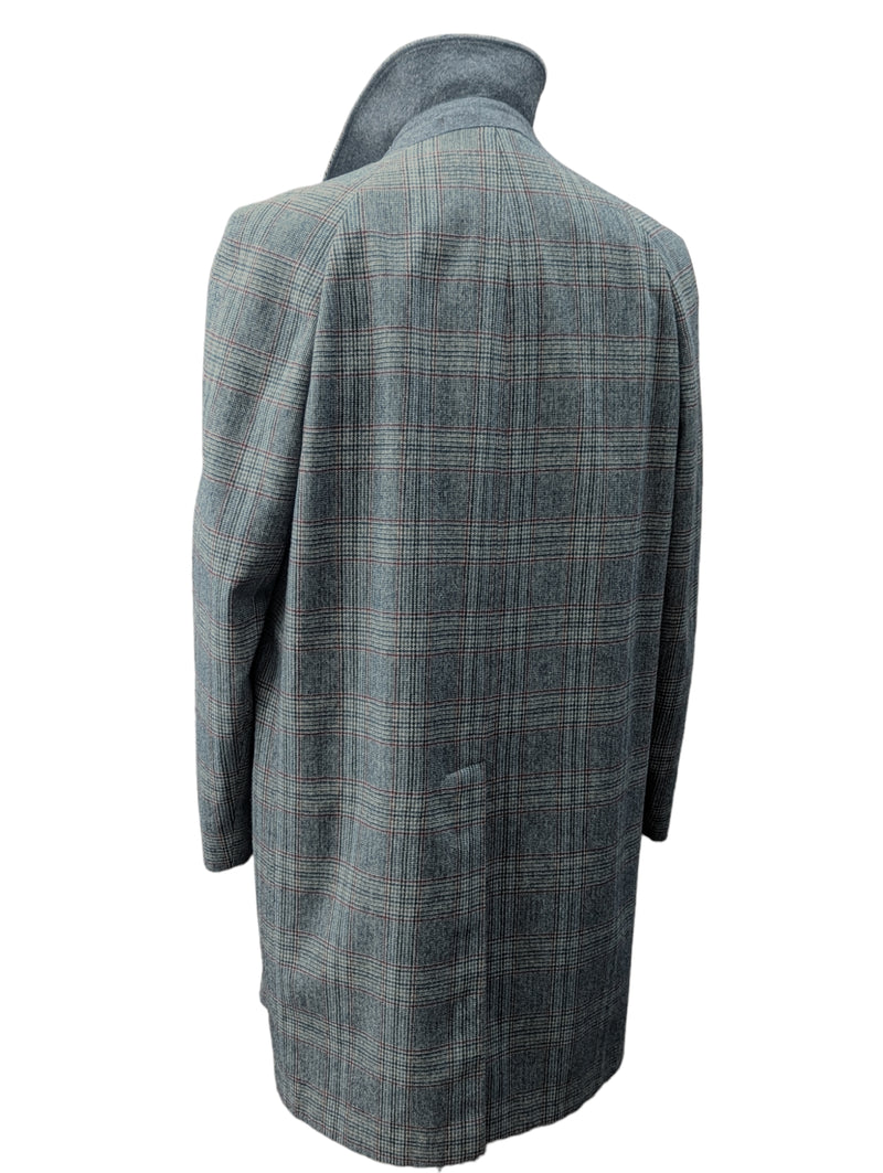 Vintage Dunn & Co. Balmacaan Coat L/42 Grey with Burgundy Plaid 3-button pure wool