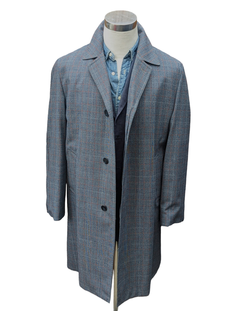 Vintage Dunn & Co. Trench Coat L/42R Grey with Blue/Burgundy Plaid