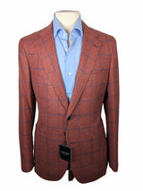 Benjamin Di Pray Sport Coat Brick Red-Orange w/ Blue Windowpane 2-button Soft Shoulder Silk/Wool