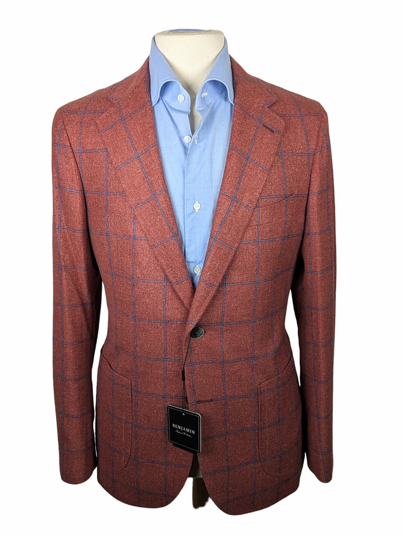 Benjamin Di Pray Sport Coat Brick Red-Orange w/ Blue Windowpane 2-button Soft Shoulder Silk/Wool